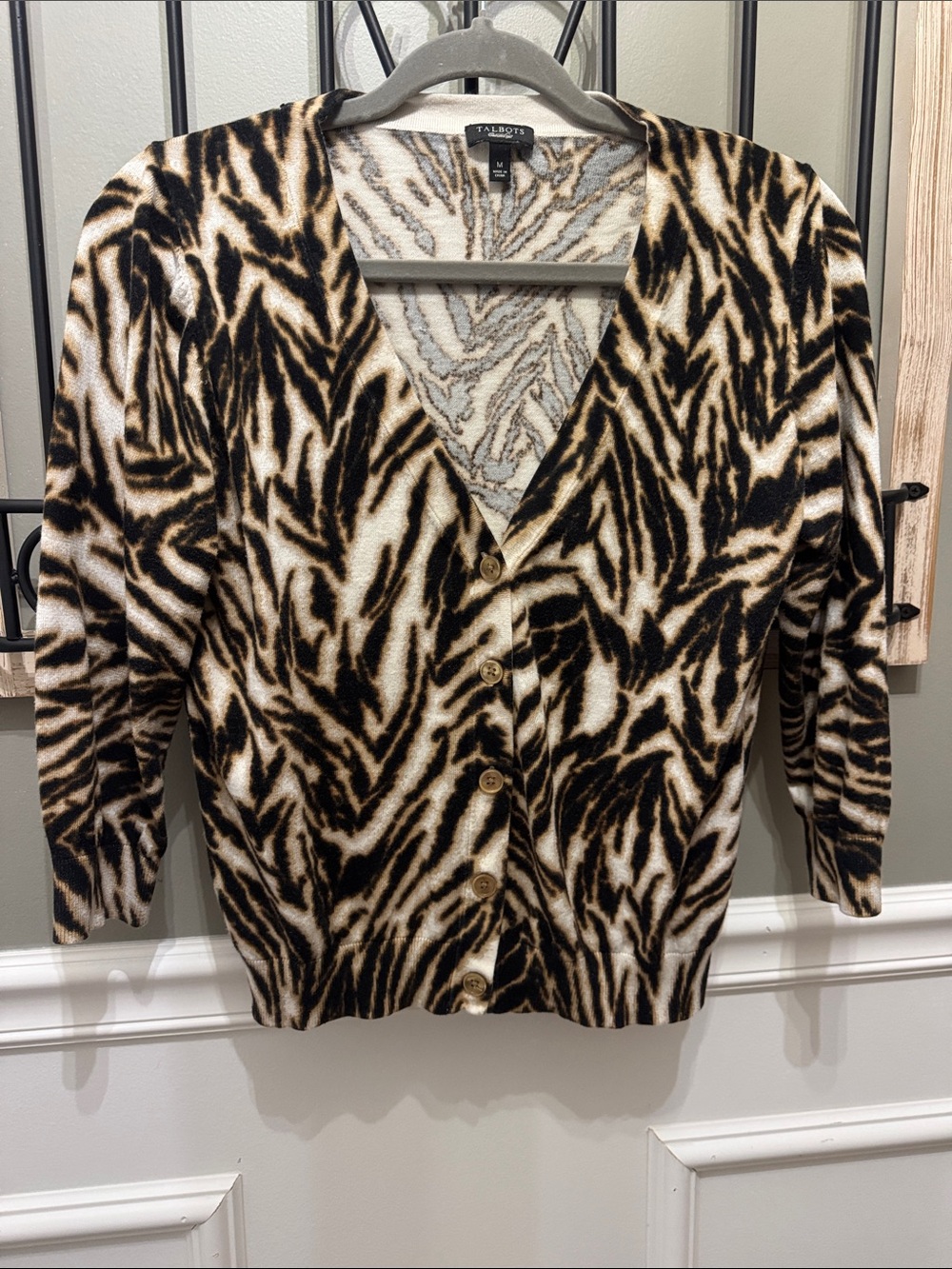 Talbots Women's Animal Print V-Neck Button Cardigan - Black & Cream